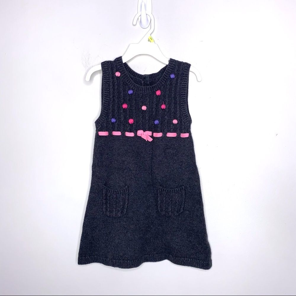 Girls Gymboree Grey Sweater Pom Pom Dress 3T !